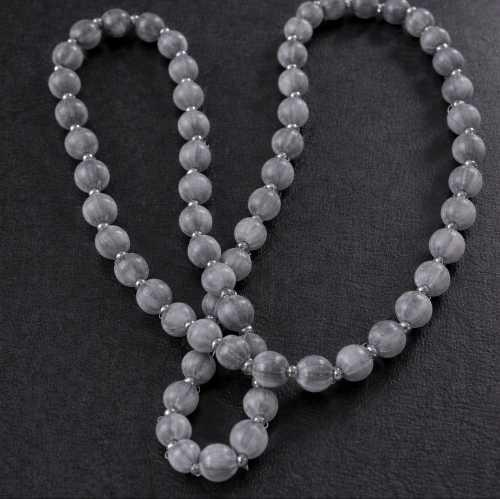 VINTAGE Carved Gray Lucite Beaded Necklace with Silver Accents.